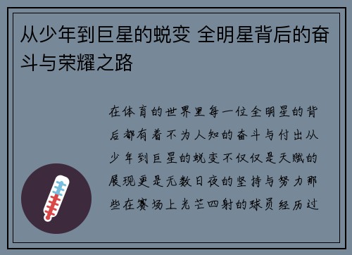 从少年到巨星的蜕变 全明星背后的奋斗与荣耀之路
